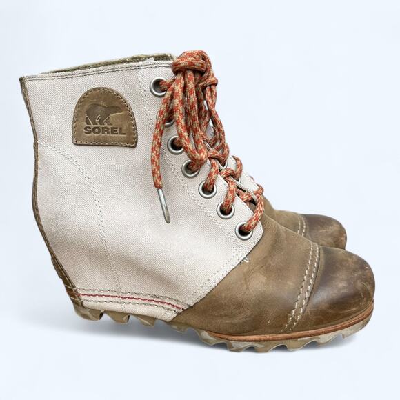 Sorel Joan of Arctic Wedge II PDX Canvas Lace Boots Women's sz 7 Tan Brown - Picture 1 of 14